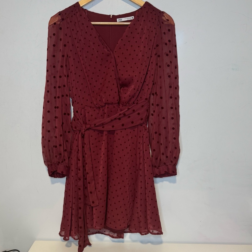 ZARA Elegant Burgundy Swiss Dot Chiffon Wrap Dress Sz S